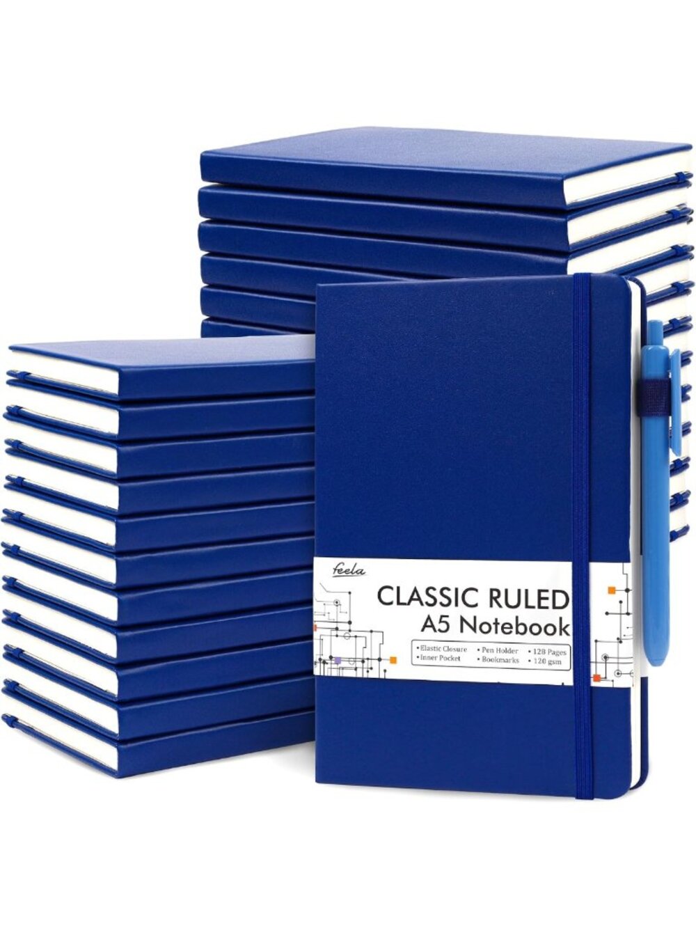 24 Pack Hardcover Lined Journals with Pen Holder & 24 Black Pens, A5, Navy